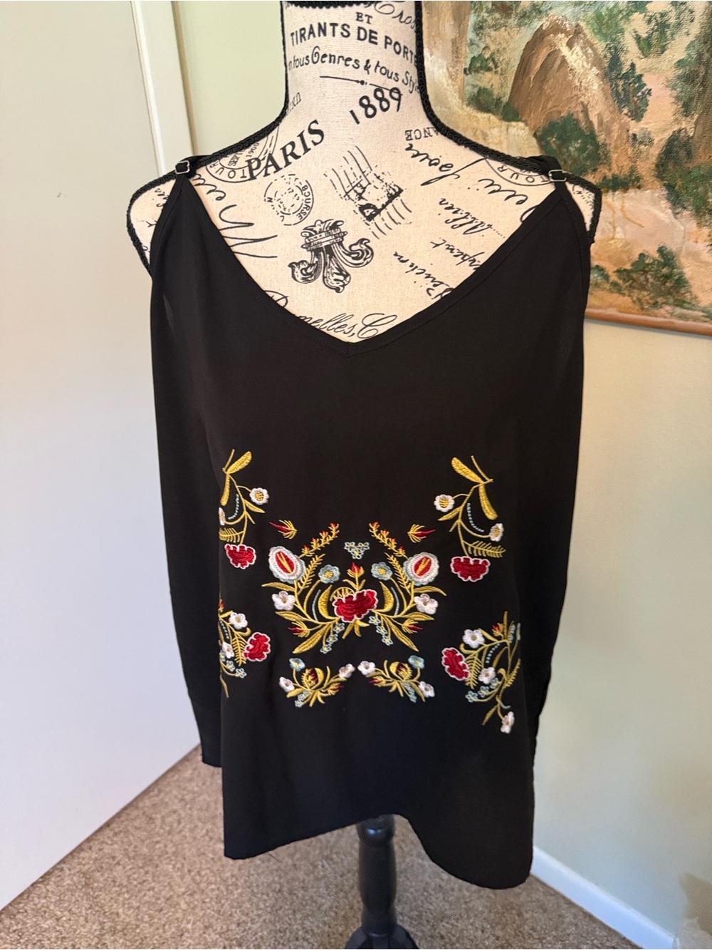 Black Embroidered Floral Cami Top - Tecrew XL